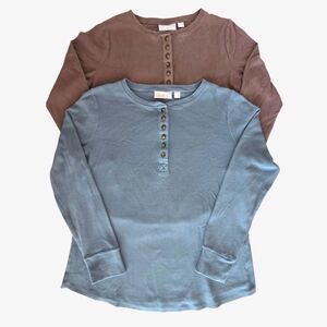 Belle by Kim Gravel Ribbed Henley Top Bundle Blue & Taupe M Cotton Long Sleeve